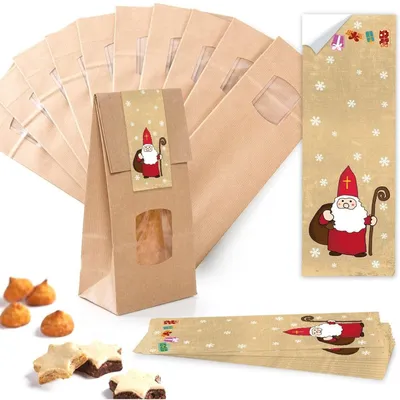 Produktbild von 10 Stück kleine braune Block-Bodenbeutel MIT FENSTER + Pergamin-Einlage 10,5 x 6,5 x 29 cm + 10 beige weiße WUNDERBARE WEIHNACHTEN Weihnachts-Aufkleber - Papiertüten lebensmittel-echtHeiliger Nikolaus / 10 Stück