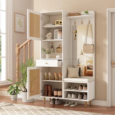 Produktbild von okwish Garderoben-Set mit Spiegel,Schublade und Schuhbank,Eingangsschrank mit Rattan-Türen,Schuhablage und Hakenleiste,Weiß