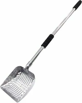 A metal cat litter scoop with a long, telescoping handle and black grips, shown against a white background.