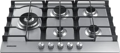 A stainless steel gas cooktop with five burners and control knobs.