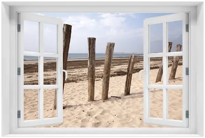 Produktbild von Wallario Premium Glasbild mit Fensterrahmen, freischwebende Optik, kräftige Farben, Größe 60 x 90 cm Motiv Sandstrand mit Holzpfählen am Atlantischen Ozean