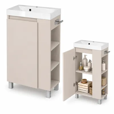 Produktbild von paplinskimoebel Waschbecken mit Waschtischunterschrank, Badezimmermöbel, freistehend/wandmontiert, Gäste-WC, Schrank, links-rechts, Kaschmir, Beige, KI-generiertes Bild