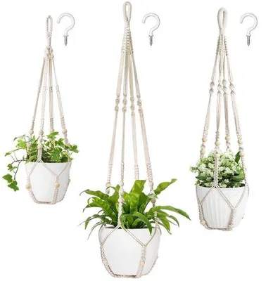Obrázok produktu pre Sada závesných kvetináčov z makramé z bavlnenej šnúry s korálkami, 73 cm/89 cm/109 cm