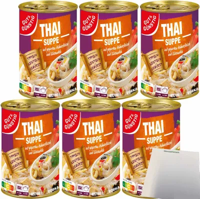 Produktbild von Gut & Günstig Thaisuppe mit feinem Hühnerfleisch und typisch asiatischen Glasnudeln 6er Pack (6x400ml Dose) + usy Block