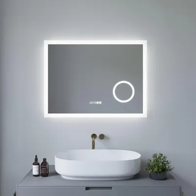 Produktbild von LED Badspiegel 80x60cm mit Uhrzeit, dimmbar, Antibeschlag, 3x Kosmetikspiegel, IP44, Kaltweiß 6400K
