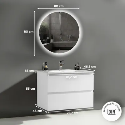 Produktbild von Alpenberger Waschtisch mit Unterschrank 80 cm Breit | Badezimmer Möbel 3 Teiliges Set mit Spiegel mit Beleuchtung | Waschbecken Gäste WC | Badspiegel Rund