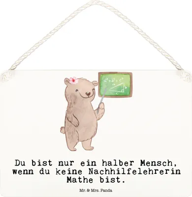 Produktbild von Mr. & Mrs. Panda Schild Nachhilfelehrerin Mathe Herz DIN A6 - Weiß - Geschenk, Nachhilfeunterrricht, Lustig, holzbild, Witzig, sprüche, Türschild, Nachhilfe, Spruch