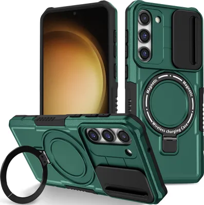 Produktbild von Handyhülle für Samsung Galaxy S23+ Kompatibel mit MagSafe, Robuste Hülle mit Schiebe Kamera Schutz, Magnetischer Ringständer Dunkelgrün
