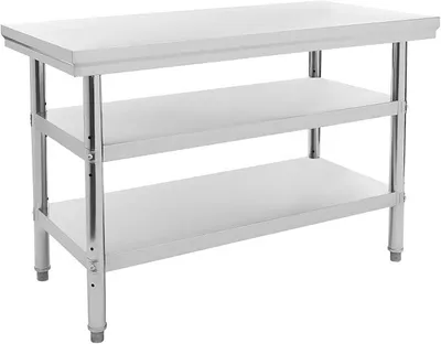 Imagen del producto de Mesa de trabajo de acero inoxidable de 3 niveles, con dimensiones de 120 x 60 cm. Estantería de cocina con 3 niveles ajustables y una capacidad de carga de 100 kg. Mesa de cocina robusta, ideal para cocinas y restaurantes