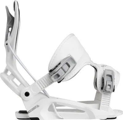 A single white snowboard binding shown from the side.
