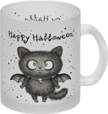 Produktbild von Happy Halloween Glas Tasse mit schwarzer Fledermaus-Katze