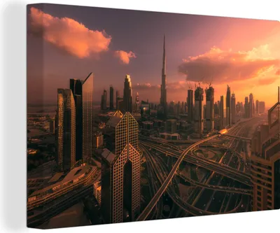 Obrázok produktu pre OneMillionCanvasses® - Obrazy na plátne - 140x90 cm, Západ slnka nad Dubajom, Nástenná umelecká tlač Nástenná dekorácia - Fotografia na plátne - Maľba na drevenom ráme