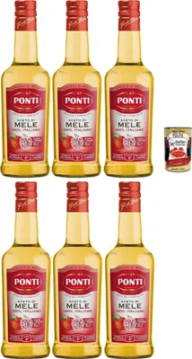 Produktbild von Ponti, Aceto di Mele 100% Italiane, Apfelessig mit einem sanften und harmonischen Geschmack, 5% Säure, ideal für das Aromatisieren Ihrer Salate und Fleisch, 6x 500 ml + Italian Gourmet polpa 400g