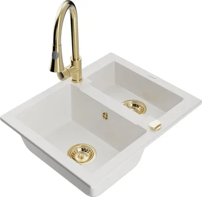 Immagine prodotto di Mexen Carlos lavello in granito 1,5 vasca con rubinetto da cucina Elia, bianco - 6518-20-670101-50