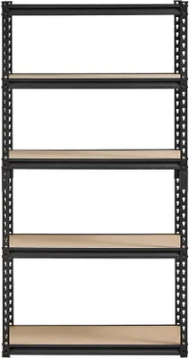 Obrázek produktu pro Nastavitelné regály do garáže, nosnost 2000 lbs, 5 úrovní, rozměry 16“ x 32“ x 62,8“, černá barva, kov, vhodné do garáže, kuchyně, skladu nebo sklepa
