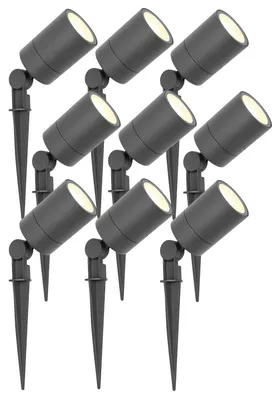 Immagine prodotto di Set di 9 faretti da giardino Ledvion, colore antracite, con picchetto da terra, 3W, 2700K, attacco GU10, grado di protezione IP65