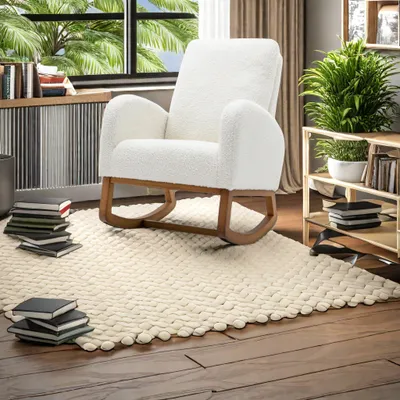 Produktbild von Schaukelstuhl - Ohrensessel - Hochstuhl - Lounge-Sessel - Hellbeige mit Holzarmlehnen