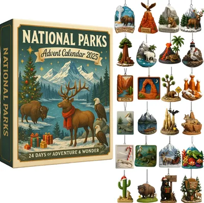 A collage of an advent calendar and various small ornaments depicting national parks and wildlife.