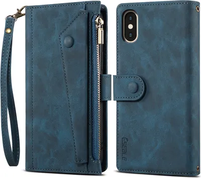 Produktbild von Schutzhülle für iPhone X / iPhone XS Reißverschluss Hülle, Leder Klapphülle Kartenfach Standfunktion Brieftasche mit Trageband Blau