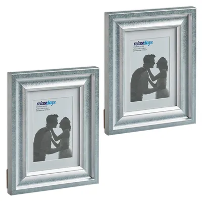 Productafbeelding van Relaxdays set van 2 fotolijsten, 13x18 cm, geschikt voor zowel portret- als landschapsformaten, fotolijsten om op te hangen of neer te zetten, met passe-partout, zilverkleurig