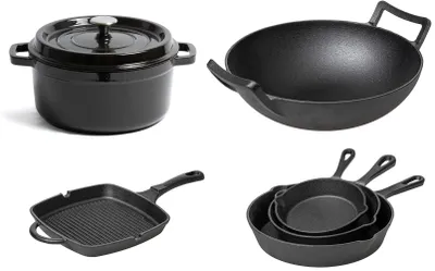 6-teiliges Gießpfannen-Set aus Gusseisen, schwarz