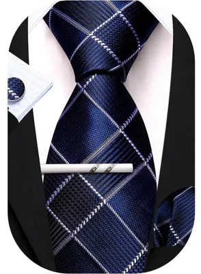 Produktbild von Herren Krawatten Set Seide Paisley Kariert Einstecktuch Manschettenknöpfe Krawattennadel Blau Weiß