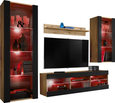 Produktbild von Komodee | Wohnwand mit TV-Schrank und Vitrine Tivoli Set Medio, Korpus Wotan Matt Frontfarbe Schwarz Matt, LED RGB