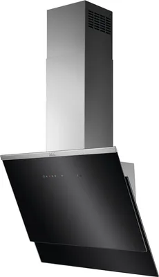 A product shot of a black and silver range hood against a white background.
