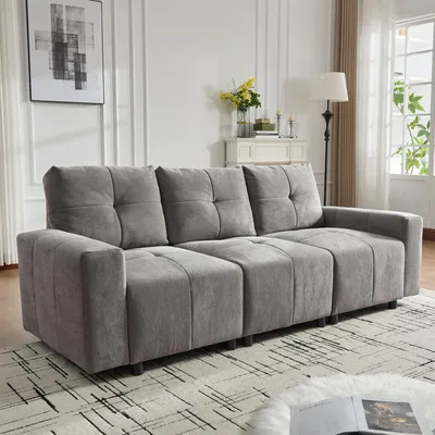 Immagine prodotto di Divano modulare a tre posti con funzione letto e schienale regolabile, divano letto con braccioli, divano lineare compatto, grigio