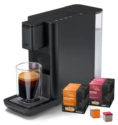 Produktbild von Tchibo Qbo Kapselmaschine, ICONIC, Dark Chrome, inkl. 16 Kapseln Premium Kapselmaschine für Espresso, Caffè Crema und Caffè Grande, PressBrew Technologie, kompaktes Design