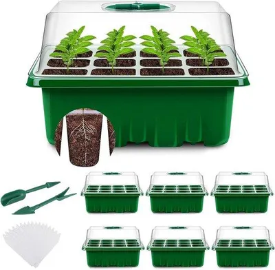 Zdjęcie produktu dla Zestaw do uprawy w mini-szklarni zawierający 6 tacek startowych (72 komórki), miskę do uprawy z pokrywką i systemem wentylacji, przeznaczony do sadzonek i roślin.