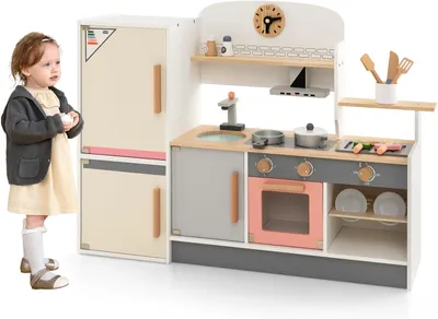 Produktbild von GOPLUS Kinderküche aus Holz, Multifunktionale Kinderspielküche mit Kühlschrank, Backofen, Wasserbecken & 2 Kochfelder, Spielzeugküche mit Spielzubehör, für Kinder ab 3 Jahren