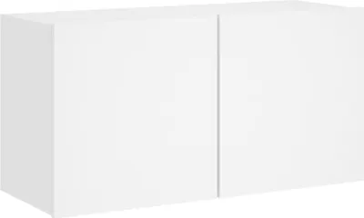 A white TV cabinet with two doors is shown against a white background.