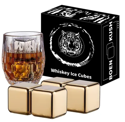 Produktbild von Whisky Steine Edelstahl 4er Set 64 cm³ wiederverwendbar für Getränke Golden Geschenkset