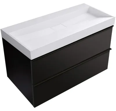 Productafbeelding van Badkamermeubel Velora - mat zwart, handgreep zwart + wastafel van gietmarmer Vita - mat wit - 100x63x46,5 cm