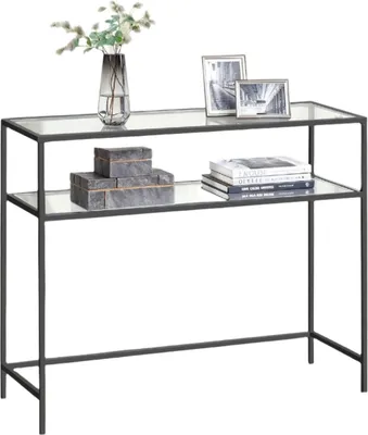 Immagine prodotto di Tavolino consolle – Tavolino ausiliario con 2 ripiani – Struttura in metallo nero e piano in vetro – 100 x 35 x 80 cm