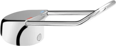 A close-up side view of a faucet handle.