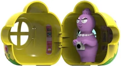 A yellow toy house with a purple figurine inside.