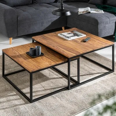 Produktbild von cagü: Design 2er Set Couchtische [MAILAND] Sheesham mit Metallgestell Schwarz 65/55cm Quadratisch