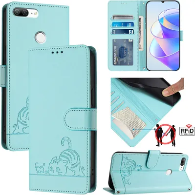 Produktbild von Leder Hülle für Honor 9 Lite Süße Katze Flip Case Brieftasche Schutzhülle mit Standfunktion hellgrün