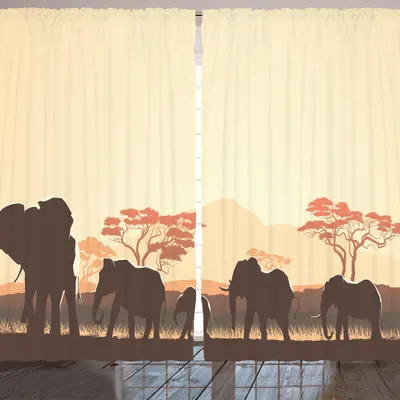 Obrázek produktu pro ARANDE Afrika záclona, motiv sloní rodina a stádo při západu slunce Afrika Safari potisk, 280 x 175 cm, světle žlutá hnědá