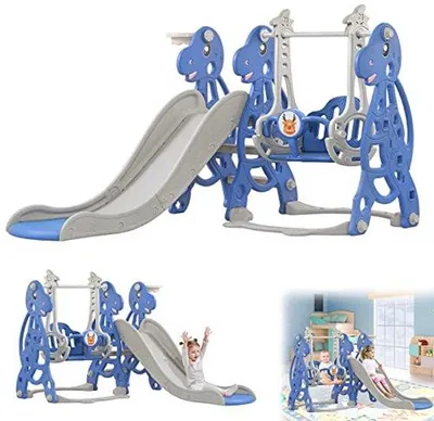 Productafbeelding van 4-in-1 Kinderglijbaan met Basketbalkorf en Schommel - Opvouwbaar Speelgoed voor Binnen en Buiten