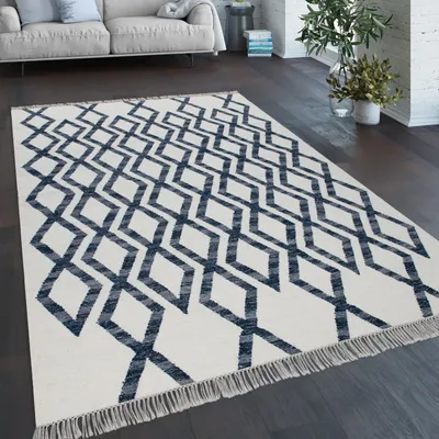 Produktbild von Teppich Wohnzimmer Boho Stil Fransen Handgewebt Woll-Baumwoll Gemisch Blau Grösse 60x110 cm