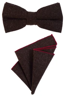 Produktbild von DonDon Herren Fliege 12 x 6 cm gebunden längenverstellbar und Einstecktuch 23 x 23 cm farblich passend aus Baumwolle dunkelbraun