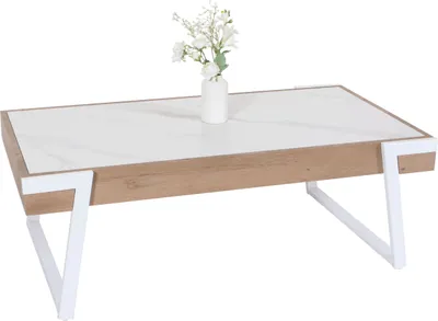 Produktbild von Couchtisch MWC-L89, Sofatisch Wohnzimmertisch, Eisen 43x120x64cm Sinterstein Marmor-Optik weiß Holz natur