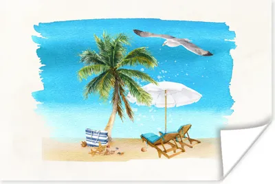 Produktbild von MuchoWow® Poster Strandkorb - Sonnenschirm - Palmen - Strand 120x80 cm - Bilder