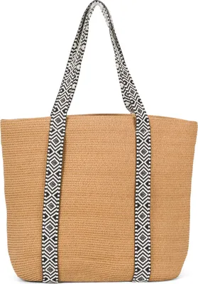 Produktbild von styleBREAKER Papierstroh Strandtasche mit Azteken Muster Bändern | Damen Flechttasche mit Reißverschluss | 50 x 37 x 13 cm