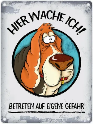 Produktbild von Metallschild mit Basset Motiv und Spruch: Hier wache ich! Betreten ... Schild