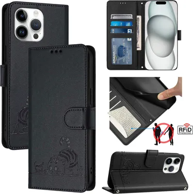 Produktbild von Leder Hülle für iPhone 15 Pro Max Süße Katze Flip Case Brieftasche Schutzhülle mit Standfunktion Schwarz