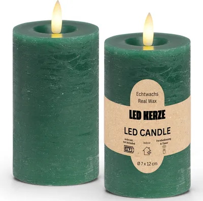 Image de Set de bougies à LED en cire, flamme vacillante, Ø 7x12 cm, vert